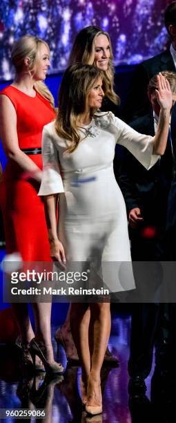 Former model Melania Trump waves from the stage at the close of the Republican National Convention at Quicken Loans Arena, Cleveland, Ohio, July 21,...