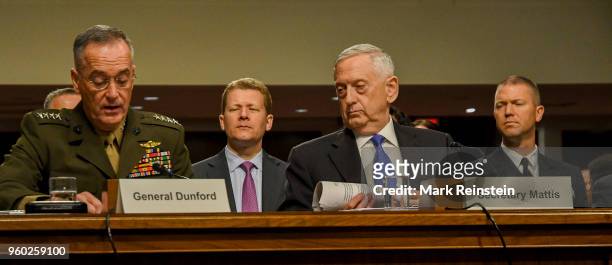 View of, from fore left, American military commander and Chariman of the Joint Chiefs of Staff General Joseph Dunford and Secretary of Defense Jim...