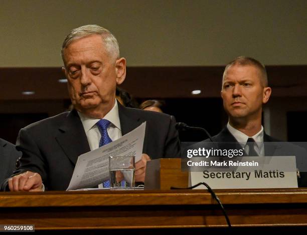 View of US Secretary of Defense Jim Mattis as he appears before the Senate Armed Services Committee during a budget hearing, Washington DC, June 13,...