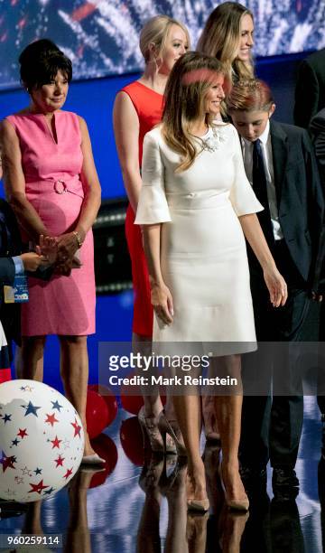 Former model Melania Trump smiles from the stage at the close of the Republican National Convention at Quicken Loans Arena, Cleveland, Ohio, July 21,...