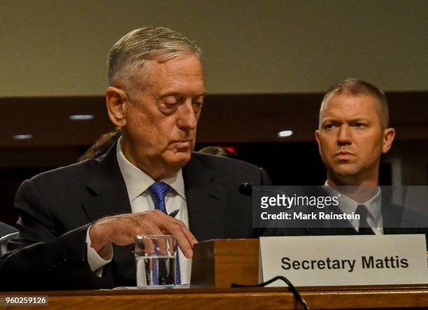 View of US Secretary of Defense Jim Mattis as he appears before the Senate Armed Services Committee during a budget hearing, Washington DC, June 13,...