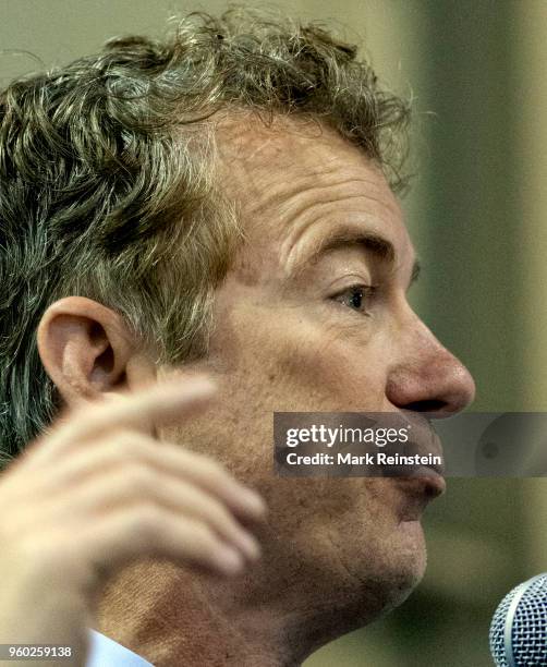 Close-up of American politician US Senator Rand Paul as he speaks during a rally in support of reelection campaigns for Governor Brownback and...