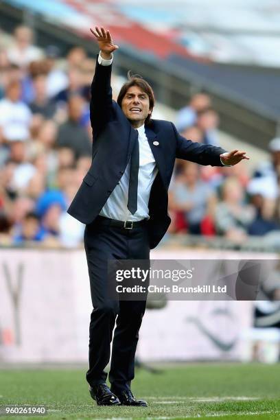 Manager of Chelsea, Antonio Conte gestures during the Emirates FA Cup Final between Chelsea and Manchester United at Wembley Stadium on May 19, 2018...