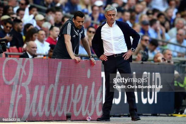 Manager of Manchester United Jose Mourinho talks with Assistant Manager of Manchester United Rui Faria during the Emirates FA Cup Final between...