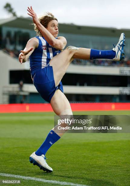 Ben Brown of the Kangaroos kicks the ball during the 2018 AFL round nine match between the North Melbourne Kangaroos and the GWS Giants at Blundstone...