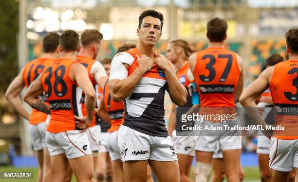 Dylan Shiel of the Giants looks dejected after a loss during the 2018 AFL round nine match between the North Melbourne Kangaroos and the GWS Giants...