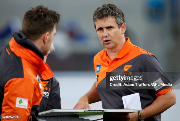 Leon Cameron, Senior Coach of the Giants looks on during the 2018 AFL round nine match between the North Melbourne Kangaroos and the GWS Giants at...