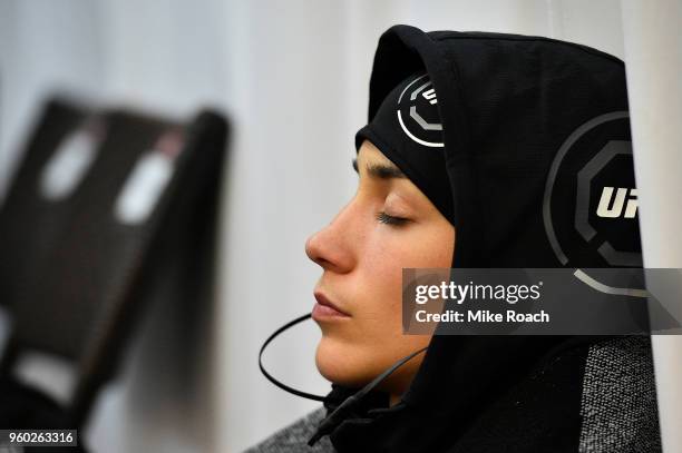 Veronica Macedo of Venezuela relaxes in her locker room prior to her bout against Andrea Lee during the UFC Fight Night event at Movistar Arena on...