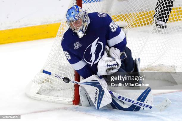 Andrei Vasilevskiy of the Tampa Bay Lightning makes a save against the Washington Capitals during the third period in Game Five of the Eastern...