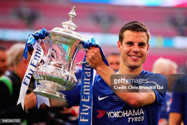 Cesar Azpilicueta of Chelsea celebrates with the FA Cup trohy after the Emirates FA Cup Final between Chelsea and Manchester United at Wembley...