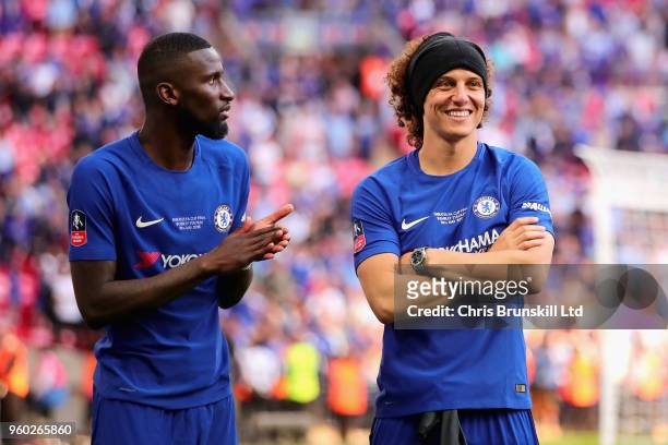 Antonio Rudiger and David Luiz, both of Chelsea, look on after the Emirates FA Cup Final between Chelsea and Manchester United at Wembley Stadium on...