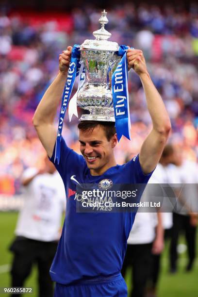 Cesar Azpilicueta of Chelsea celebrates with the FA Cup trophy after the Emirates FA Cup Final between Chelsea and Manchester United at Wembley...