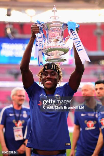 Trevoh Chalobah of Chelsea celebrates with the FA Cup trophy after the Emirates FA Cup Final between Chelsea and Manchester United at Wembley Stadium...