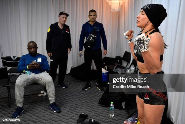 Veronica Macedo of Venezuela warms up backstage prior to her bout against Andrea Lee during the UFC Fight Night event at Movistar Arena on May 19,...