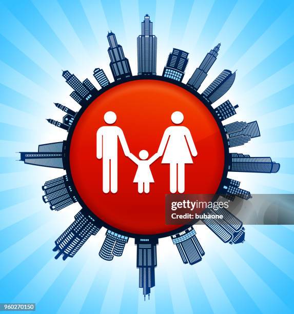 family  on modern cityscape skyline background - urban mother and daughter stock illustrations