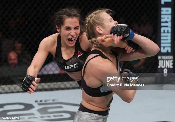 Veronica Macedo of Venezuela kicks Andrea Lee in their women's flyweight bout during the UFC Fight Night event at Movistar Arena on May 19, 2018 in...