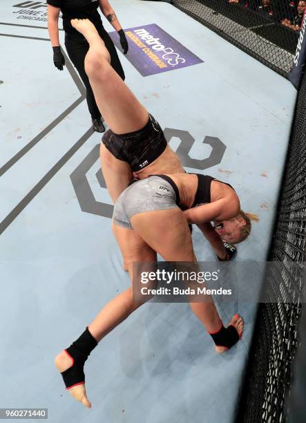 Andrea Lee takes down Veronica Macedo of Venezuela in their women's flyweight bout during the UFC Fight Night event at Movistar Arena on May 19, 2018...