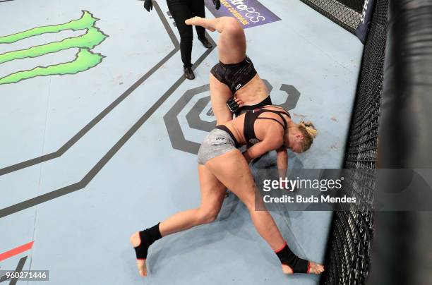Andrea Lee takes down Veronica Macedo of Venezuela in their women's flyweight bout during the UFC Fight Night event at Movistar Arena on May 19, 2018...