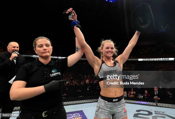 Andrea Lee celebrates after defeating Veronica Macedo in their women's flyweight bout during the UFC Fight Night event at Movistar Arena on May 19,...