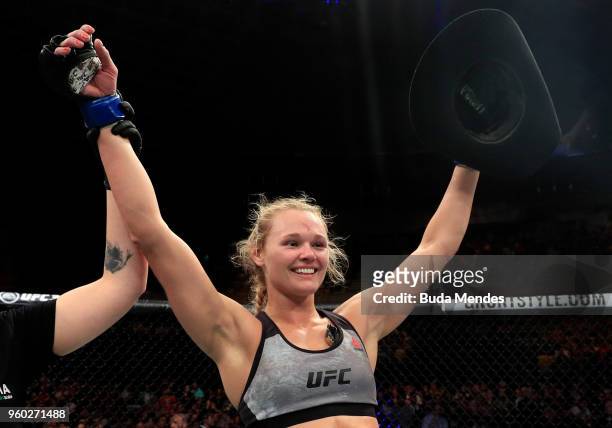 Andrea Lee celebrates after defeating Veronica Macedo in their women's flyweight bout during the UFC Fight Night event at Movistar Arena on May 19,...