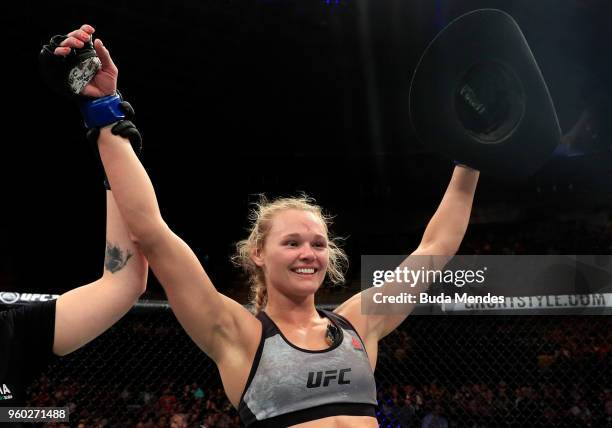 Andrea Lee celebrates after defeating Veronica Macedo in their women's flyweight bout during the UFC Fight Night event at Movistar Arena on May 19,...