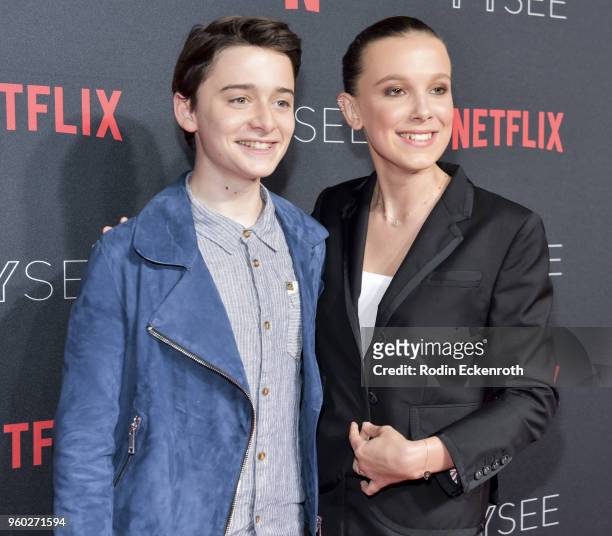 Actress Millie Bobby Brown and Noah Schnapp arrive at the #NETFLIXFYSEE event for "Stranger Things" at Netflix FYSEE at Raleigh Studios on May 19,...