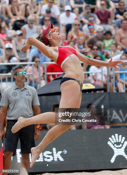 April Ross serves the ball during the 2018 AVP Austin Open at Krieg Fields on May 19, 2018 in Austin, Texas.