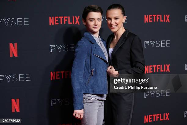 Noah Schnapp and Millie Bobby Brown attend the #NETFLIXFYSEE For Your Consideration "Stranger Things" Event at Netflix FYSEE At Raleigh Studios on...