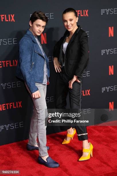 Noah Schnapp and Millie Bobby Brown attend the #NETFLIXFYSEE For Your Consideration "Stranger Things" Event at Netflix FYSEE At Raleigh Studios on...