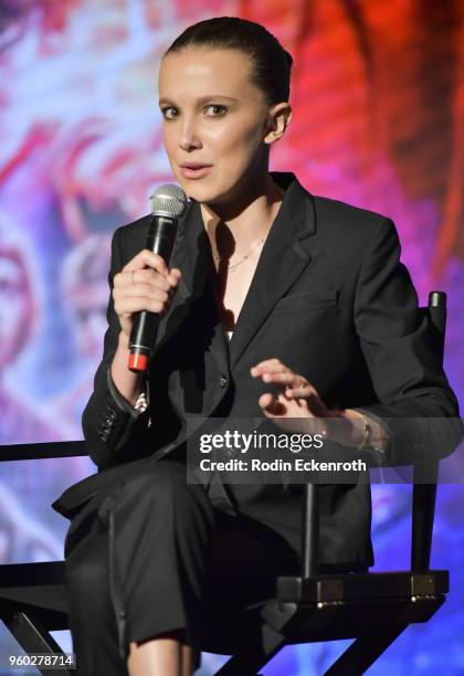 Millie Bobby Brown speaks on stage at #NETFLIXFYSEE event for "Stranger Things" at Netflix FYSEE at Raleigh Studios on May 19, 2018 in Los Angeles,...