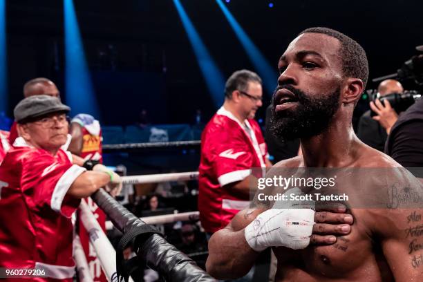 Gary Russell Jr. Reacts after the WBC featherweight title bout against Joseph Diaz Jr. On May 19, 2018 in Oxon Hill, Maryland. Russell won by...