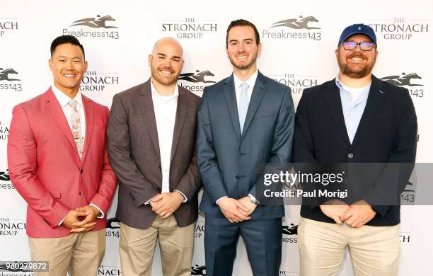 Doug Quan, Sam Nichols, Drew Curls and Anders Beutel attend The Stronach Group Chalet at 143rd Preakness Stakes on May 19, 2018 in Baltimore,...