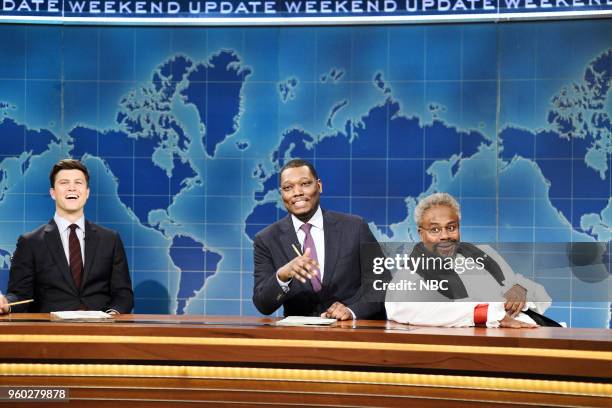 Tina Fey" Episode 1746 -- Pictured: Colin Jost, Michael Che, Kenan Thompson as Bishop Michael Curry during "Weekend Update" in Studio 8H on Saturday,...