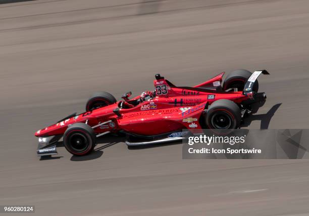James Davison, driver of the Jonathan Byrd's 502 East Chevrolet, on the track during his qualifying run for the 2018 Indianapolis 500 at the...
