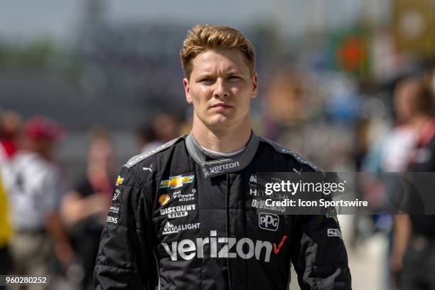 Josef Newgarden, driver of the Team Penske Chevrolet, walks down pit lane during Indianapolis 500 qualifications on May 19 at the Indianapolis Motor...