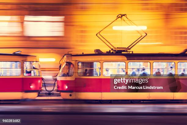 tram in motion - prague tram stock pictures, royalty-free photos & images