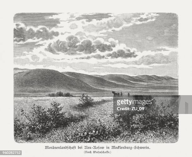 moraine landscape near neu-rosow, germany, wood engraving, published in 1897 - neu stock illustrations