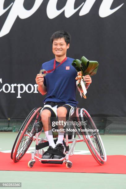 Runner up Shingo Kunieda of Japan celebrates after the Men's Singles final against Gordon Reid of Great Britain on day six of the Wheelchair Tennis...