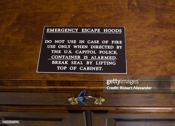 Cabinet in the Rayburn House Office Building in Washington, D.C. Contains 'emergency escape hoods' to be used in case of an emergency evaculation of...