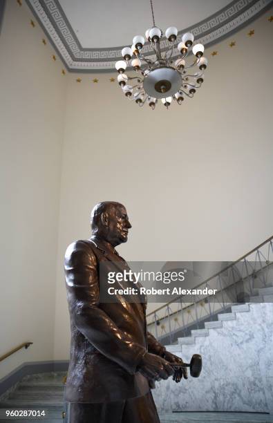 Bronze statue of Sam Rayburn stands in the lobby of the Rayburn House Office Building in Washington, D.C. Rayburn served as the 43rd Speaker of the...