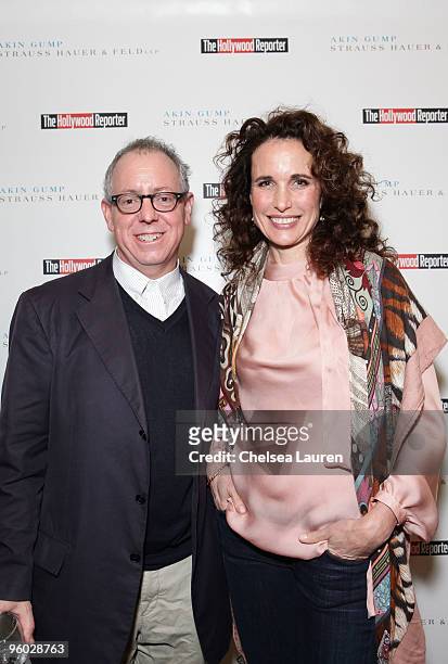 Focus Features CEO/Indie Icon Award Winner James Schamus and actress Andie MacDowell attend The Hollywood Reporter Indie Icon Reception Honoring...