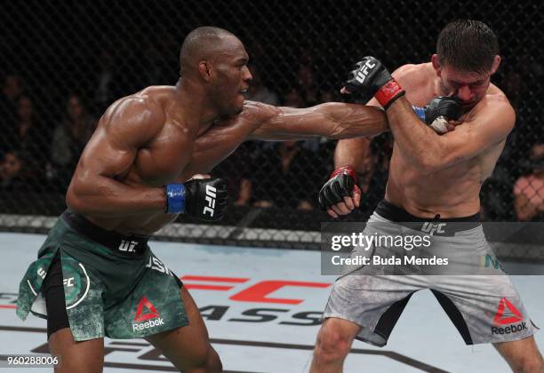 Kamaru Usman of Nigeria punches Demian Maia of Brazil in their welterweight bout during the UFC Fight Night event at Movistar Arena on May 19, 2018...