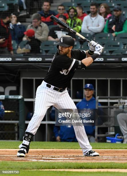 Nicky Delmonico of the Chicago White Sox bats against the Texas Rangers on May 17, 2018 at Guaranteed Rate Field in Chicago, Illinois. Nicky...