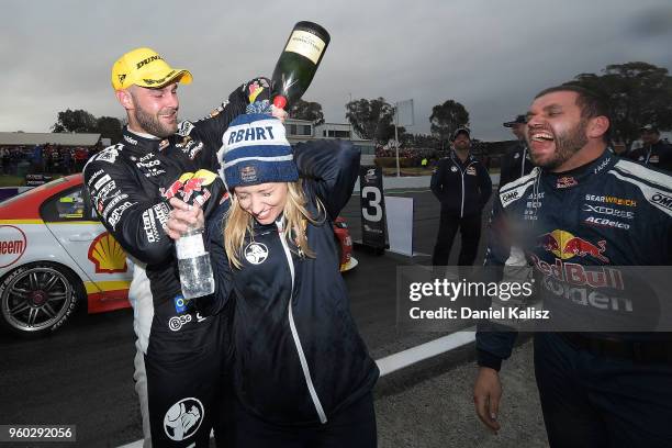 2nd place Shane Van Gisbergen driver of the Red Bull Holden Racing Team Holden Commodore ZB celebrates during race 14 for the Supercars Winton...