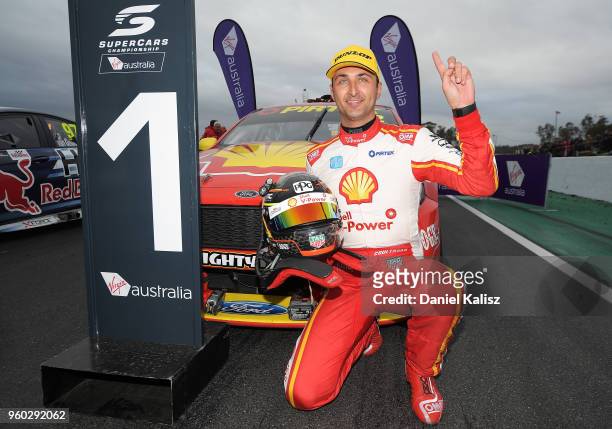 Race winner Fabian Coulthard driver of the Shell V-Power Racing Team Ford Falcon FGX celebrates during race 14 for the Supercars Winton SuperSprint...