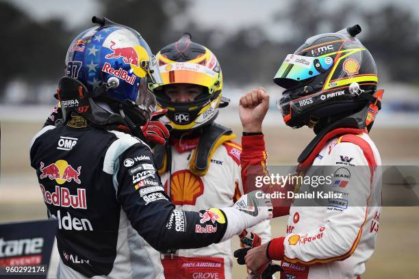 The three drivers from New Zealand, 2nd place Shane Van Gisbergen driver of the Red Bull Holden Racing Team Holden Commodore ZB, 3rd place Scott...