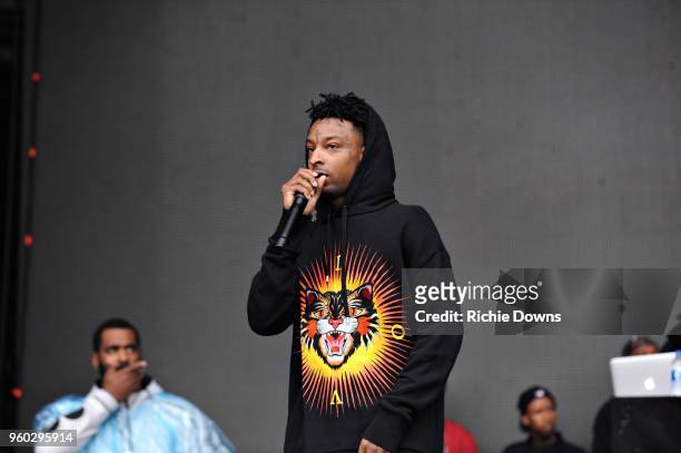 Rapper 21 Savge performs at Infield Fest prior to the 143rd Preakness Stakes at Pimlico Race Course on May 19, 2018 in Baltimore, Maryland.
