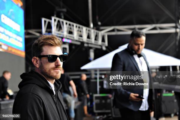 Ruen and DJ Mike Deuce on stage at Infield Fest prior to the 143rd Preakness Stakes at Pimlico Race Course on May 19, 2018 in Baltimore, Maryland.