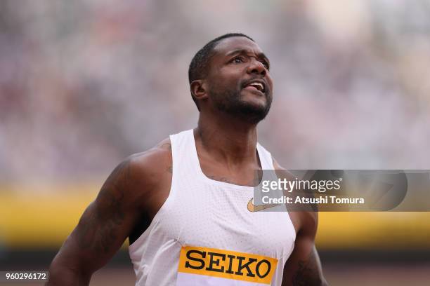 Justin Gatlin of the United States celebrates winning the Men's 100m during the IAAF Golden Grand Prix at Yanmar Stadium Nagai on May 20, 2018 in...