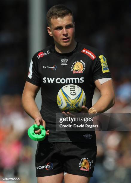 Joe Simmonds of Exeter looks on during the Aviva Premiership Semi Final between Exeter Chiefs and Newcastle Falcons at Sandy Park on May 19, 2018 in...